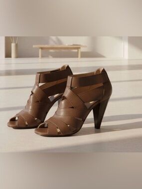 Coach Harah Sandals Brown Leather Straps Almond Peep Toe Buckle Cone Heels 8.5B